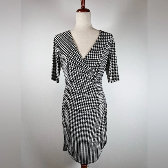 Lauren Ralph Lauren Houndstooth Dress Size 6 Faux Wrap Style Midi Short Sleeve - Picture 1 of 14